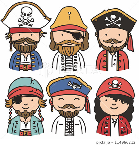 Set six cartoon pirates representing various pirate attire headgear styles, eye patches beards. Characters smiling, include male female pirates, distinctive costumes accessories. Vector illustration Set six cartoon pirates representing various pirate attire headgear styles, eye patches beards. Characters smiling, include male female pirates, distinctive costumes accessories. Vector illustration 114966212