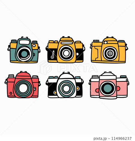 Collection colorful cameras, retro modern design, vector graphic art. Six camera icons illustrated vibrant yellow, red, teal, pink colors. Vintage contemporary photography equipment, digital film Collection colorful cameras, retro modern design, vector graphic art. Six camera icons illustrated vibrant yellow, red, teal, pink colors. Vintage contemporary photography equipment, digital film 114966237