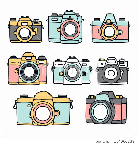 Collection colorful cameras outlined against white background. Retro vintage camera collection artistic illustration. Assorted DSLR cameras graphic design, photography equipment icons 114966238