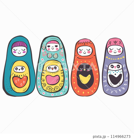 Set colorful matryoshka dolls cute faces patterns white background. Russian nesting dolls, traditional wooden toys Russia, cartoon characters. Brightly painted matryoshkas, cultural folk art 114966273