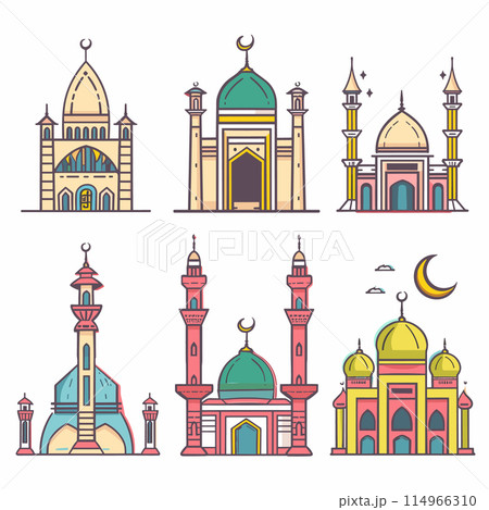 Set colorful mosque illustrations, detailed Islamic architecture, crescent moon stars. Flat design style, religious buildings, Muslim culture, various mosque designs elements. Traditional facades 114966310