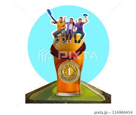 Poster. Contemporary art collage. Cheering football fans sitting on giant glass of beer with golden medal. Victory. Trendy magazine style. Poster. Contemporary art collage. Cheering football fans sitting on giant glass of beer with golden medal. Victory. Trendy magazine style. 114966454