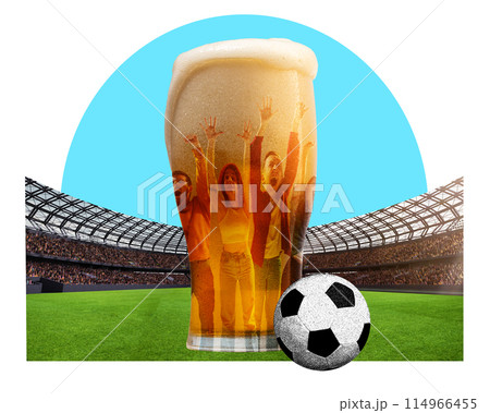 Poster. Contemporary art collage. Group of emotional, happy fans raising hands and reflecting on beer mug on football stadium. Trendy magazine style. Poster. Contemporary art collage. Group of emotional, happy fans raising hands and reflecting on beer mug on football stadium. Trendy magazine style. 114966455