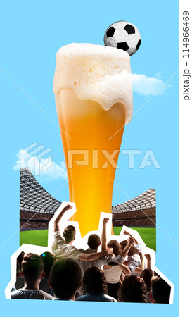 Poster. Contemporary art collage. Ball flying to huge mug of beer standing on football field and crowd raising hands of joy on stage. Trendy magazine style. Poster. Contemporary art collage. Ball flying to huge mug of beer standing on football field and crowd raising hands of joy on stage. Trendy magazine style. 114966469