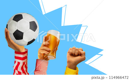 Poster. Contemporary art collage. Three hands holding football ball, mug of beer against blue-white background. Trendy magazine style. 114966472