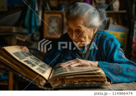 Senior Woman Reliving Memories by Browsing Through an Old Family Album 114966474