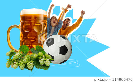 Poster. Contemporary art collage. Behind huge mug with hop of beer football fans, friends raising hands of joy. Trendy magazine style. Poster. Contemporary art collage. Behind huge mug with hop of beer football fans, friends raising hands of joy. Trendy magazine style. 114966476