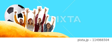 Banner. Contemporary art collage. Football fans in beer-wave raising hands of joy against cyan background with ball. Trendy magazine style. Banner. Contemporary art collage. Football fans in beer-wave raising hands of joy against cyan background with ball. Trendy magazine style. 114966504
