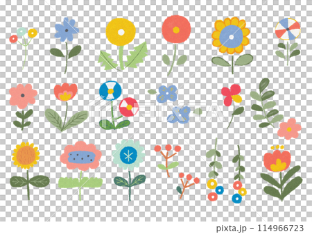 A collection of colorful hand-drawn illustrations of cute flowers in a picture book style A collection of colorful hand-drawn illustrations of cute flowers in a picture book style 114966723