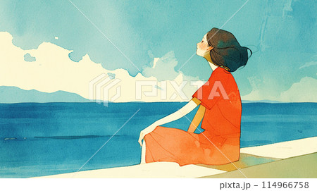 海を眺める女性 114966758