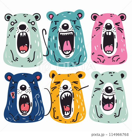 Six colorful cartoon bears exhibiting various emotions gaping mouths displaying teeth energetic fun childrens book illustration. Eclectic vibrant bear faces shades blue, pink, yellow, express loud 114966768