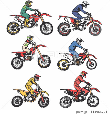 Four motocross riders wear helmets, racing gear while riding dirt bikes. Motorcyclists exhibit action, competition, extreme themes. Dirt bikes riders presented different colors 114966771