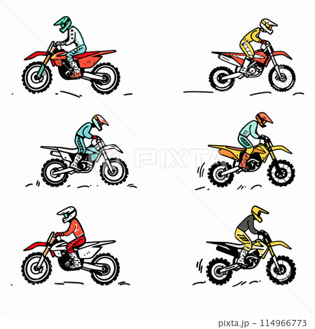 Six motocross riders illustrated performing jumps tricks dirt bikes. Diverse colors designs display vibrant motocross apparel motorcycle styles. Actionpacked vector illustration captures dynamic Six motocross riders illustrated performing jumps tricks dirt bikes. Diverse colors designs display vibrant motocross apparel motorcycle styles. Actionpacked vector illustration captures dynamic 114966773