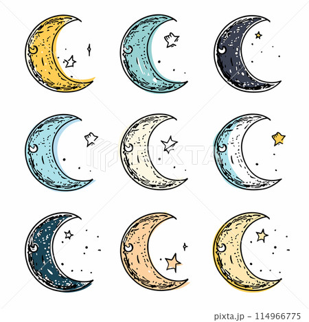 Collection crescent moons various colors, doodle style, stars sparkle around, nighttime celestial bodies. Handdrawn crescent moons, colors include yellow, blue, gray, isolated white background. Set 114966775