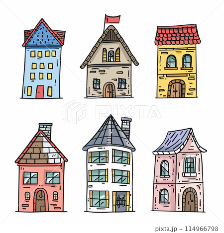 Colorful handdrawn houses, unique various roof colors window styles. Cartoon buildings, detailed architecture, whimsical urban homes. Six assorted individual houses, artistic residential designs Colorful handdrawn houses, unique various roof colors window styles. Cartoon buildings, detailed architecture, whimsical urban homes. Six assorted individual houses, artistic residential designs 114966798