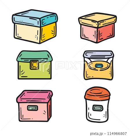 Handdrawn colorful storage boxes vector illustration isolated white background. Six different styles containers doodle, organizing home office supplies. Multicolored plastic storage bins cartoon Handdrawn colorful storage boxes vector illustration isolated white background. Six different styles containers doodle, organizing home office supplies. Multicolored plastic storage bins cartoon 114966807