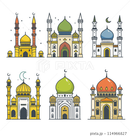 Set six colorful mosque illustrations, distinct domes, minarets, Islamic architecture details. Simple flat design style, mosque decorated crescents, stars, arches, yellow highlights. White isolated 114966827
