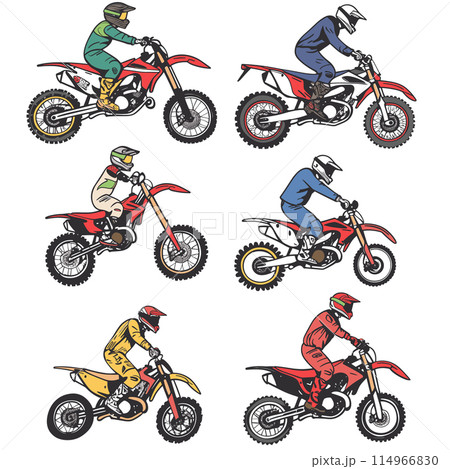 Four motocross riders racing dirt bikes, wearing different color gear including green, blue, yellow, red. Helmets motorbikes action, offroad motorsport competition, extreme sport theme. Sporty male 114966830