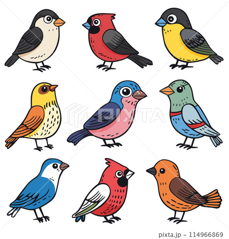 Collection colorful birds cartoon style isolated white background. Set various small birds vibrant colors cute expressions ornithology theme. Diverse avian species illustrations educational Collection colorful birds cartoon style isolated white background. Set various small birds vibrant colors cute expressions ornithology theme. Diverse avian species illustrations educational 114966869