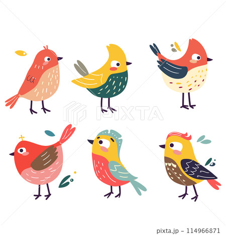 Colorful cartoon birds illustrated whimsical style. Six unique cheerful birds displaying different poses expressions, bird features mix vibrant colors red, yellow, blue, green 114966871