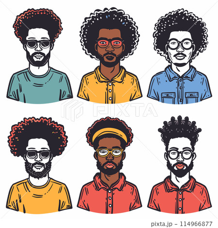 Six different African American male characters, various hairstyles facial hair, trendy glasses. Diversity, stylish hair, beards, young adult men, casual fashion, colorful shirts. Handdrawn digital Six different African American male characters, various hairstyles facial hair, trendy glasses. Diversity, stylish hair, beards, young adult men, casual fashion, colorful shirts. Handdrawn digital 114966877