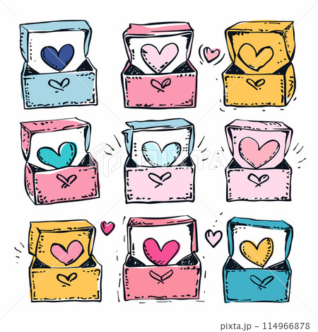 Collection colorful doodle laundry detergent boxes hearts, handdrawn household cleaning supply design. Pink, blue yellow washing powder cartons, playful sketch style, vibrant colors Collection colorful doodle laundry detergent boxes hearts, handdrawn household cleaning supply design. Pink, blue yellow washing powder cartons, playful sketch style, vibrant colors 114966878