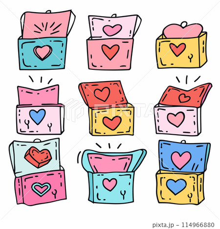 Collection colorful doodle laundry detergent boxes hearts, handdrawn household cleaning supply design. Pink, blue yellow washing powder cartons, playful sketch style, vibrant colors Collection colorful doodle laundry detergent boxes hearts, handdrawn household cleaning supply design. Pink, blue yellow washing powder cartons, playful sketch style, vibrant colors 114966880