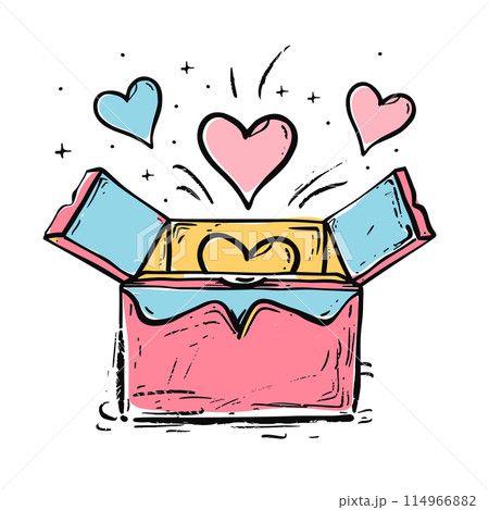 Handdrawn gift box exploding hearts, joyful celebration concept, doodle style. Pink blue surprise box, hearts flying out, fun romantic illustration. Cartoon present, festive gift concept 114966882