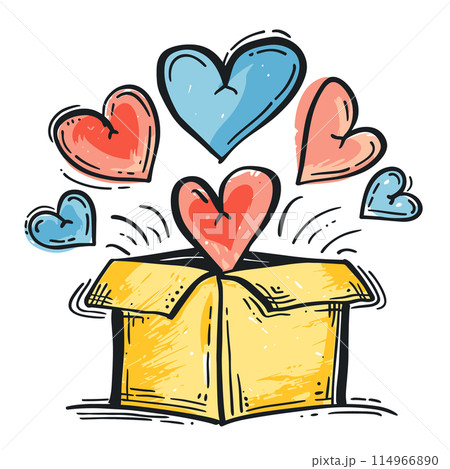 handdrawn yellow gift box exploding colorful hearts. Love hearts emerge vibrantly package indicating surprise, affection, celebration. Cartoon hearts red blue hues fly out cardboard box signifying handdrawn yellow gift box exploding colorful hearts. Love hearts emerge vibrantly package indicating surprise, affection, celebration. Cartoon hearts red blue hues fly out cardboard box signifying 114966890