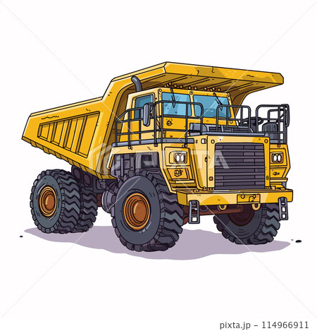 Yellow dump truck illustration detailed construction vehicle cartoon style. Large hauling truck heavy machinery mining equipment side view. Powerful dumper engineering transport giant tires 114966911