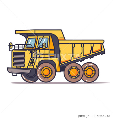 Yellow dump truck cartoon detailed illustration. Heavy construction machinery building activities. Kids toy dump truck six wheels, side view isolated white background 114966938