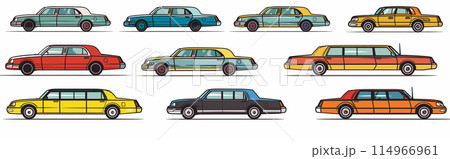 Series vintage cars side view flat design isolated. Retro automobiles colorful collection isolated white background. Classic vehicles sedan limousine variations graphic illustration Series vintage cars side view flat design isolated. Retro automobiles colorful collection isolated white background. Classic vehicles sedan limousine variations graphic illustration 114966961