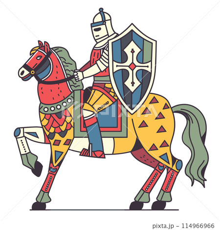 Knight mounted decorated horse holding shield lance, medieval armor helmet. Horse ornate caparison, knight traditional battle gear, heraldic shield. Flat style vector design historical warrior Knight mounted decorated horse holding shield lance, medieval armor helmet. Horse ornate caparison, knight traditional battle gear, heraldic shield. Flat style vector design historical warrior 114966966