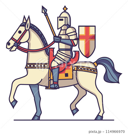 Medieval knight mounted horseback holding lance shield ready battle colorful cartoon. Armored knight horse riding lance wielding shield bearing symbols valor chivalry, regalia historic attire horse Medieval knight mounted horseback holding lance shield ready battle colorful cartoon. Armored knight horse riding lance wielding shield bearing symbols valor chivalry, regalia historic attire horse 114966970