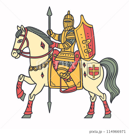 Medieval knight mounted horseback, armed spear, wearing armor. Detailed illustration knight battleready pose, historical reenactment. Colorful drawing featuring middle ages warrior, coat arms 114966971
