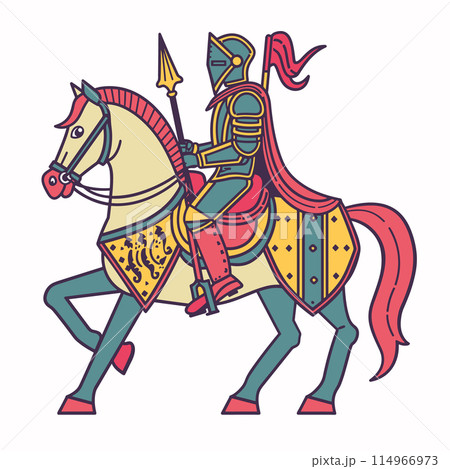 Medieval knight horseback armor spear ready battle. Vibrant colored vector illustration knight full armor riding decorated horse, horse adorned yellow, red, green garb historical reenactment 114966973