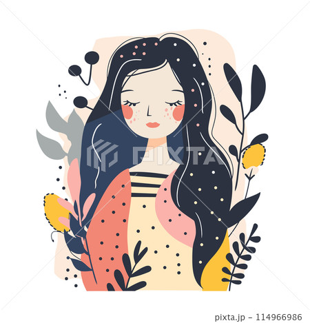 Young Asian woman illustrated serene pose surrounded flora. Female character eyes closed, long black hair, blush cheeks, nature elements, modern flat design. Calm, peaceful girl floral backdrop 114966986