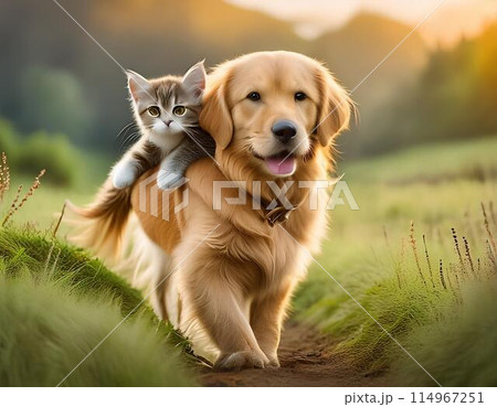 ゴールデンレトリバーと子猫の絵