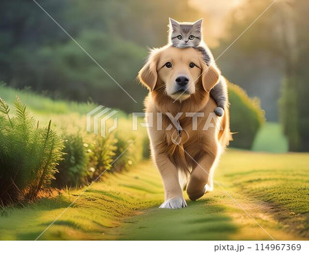 ゴールデンレトリバーと子猫の絵 テーブルに並んで座るゴールデンレトリバーと子猫 背景｜JPG