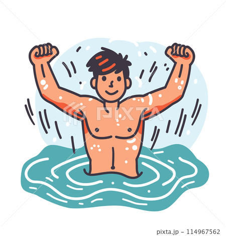 Man celebrating victory water, fists raised, splashing water. Male enjoys swimming success, depicting energy, excitement. Cartoon man winning race, expression triumph pool 114967562