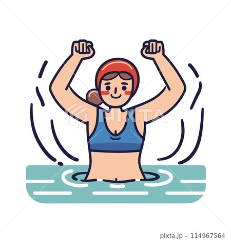 Young female swimmer celebrating victory pool, arms raised, happy expression, sports illustration. Woman athlete triumph swimsuit, water sports, fitness achievement, cartoon style. Female winner 114967564