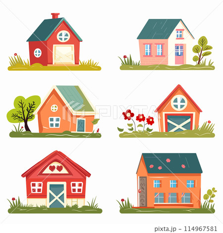 Collection colorful cartoon houses various styles surrounded nature. Illustration features six different homes, cute ideal storybook scenes. Bright, pastel colors, simple shapes, charming 114967581