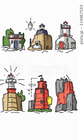 Colorful lighthouse illustrations featuring six unique lighthouses against plain background, lighthouse displays different designs, including varying roofs, windows, attached buildings. Nautical Colorful lighthouse illustrations featuring six unique lighthouses against plain background, lighthouse displays different designs, including varying roofs, windows, attached buildings. Nautical 114967583