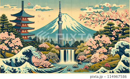 東京の春景色：富士山とスカイツリーの調和 114967586