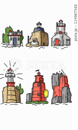 Six stylized lighthouses, colorful, various designs, coastal navigation landmarks. Handdrawn, cartoon style, nautical, sea theme, bright colors against white background. Coastline guardian 114967588