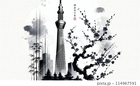 墨の調べ：東京スカイツリーと桜 114967591
