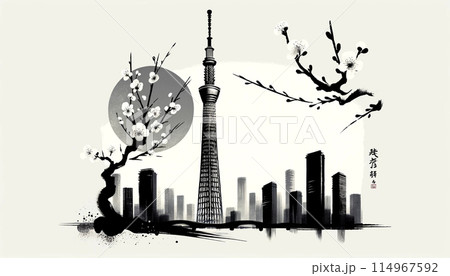 モノクロームの春:東京の桜とスカイツリー モノクロームの春:東京の桜とスカイツリー 114967592