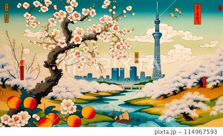 現代の錦絵：東京の風景と桜の調和スカイツリー 114967593