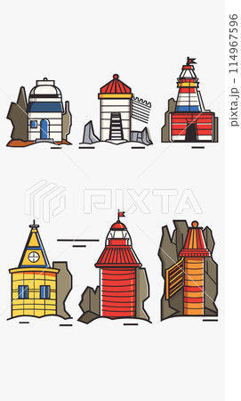Set colorful cartoon observatories lighthouses vector illustrations. Astronomy observatory domes maritime lighthouses amidst rocks. Architectural landmarks cartoon style isolated white background 114967596