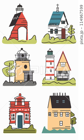 Colorful set various houses illustrations includes lighthouses, cottage, coastal architecture. Different building styles cartoon graphics, isolated white background, handdrawn residences. Simplified Colorful set various houses illustrations includes lighthouses, cottage, coastal architecture. Different building styles cartoon graphics, isolated white background, handdrawn residences. Simplified 114967599